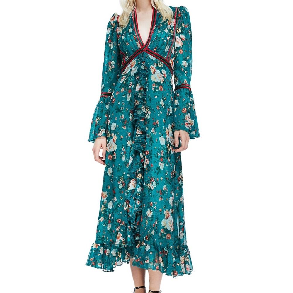 Tadashi Shoji Green Floral Bazile Chiffon Velvet Trim Ruffle Tea Midi Dress 18